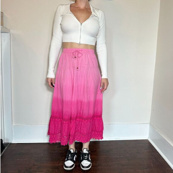 Vintage 100% Cotton Bohemian Pink Ombre Midi Skirt Size Small - Picture 2 of 6
